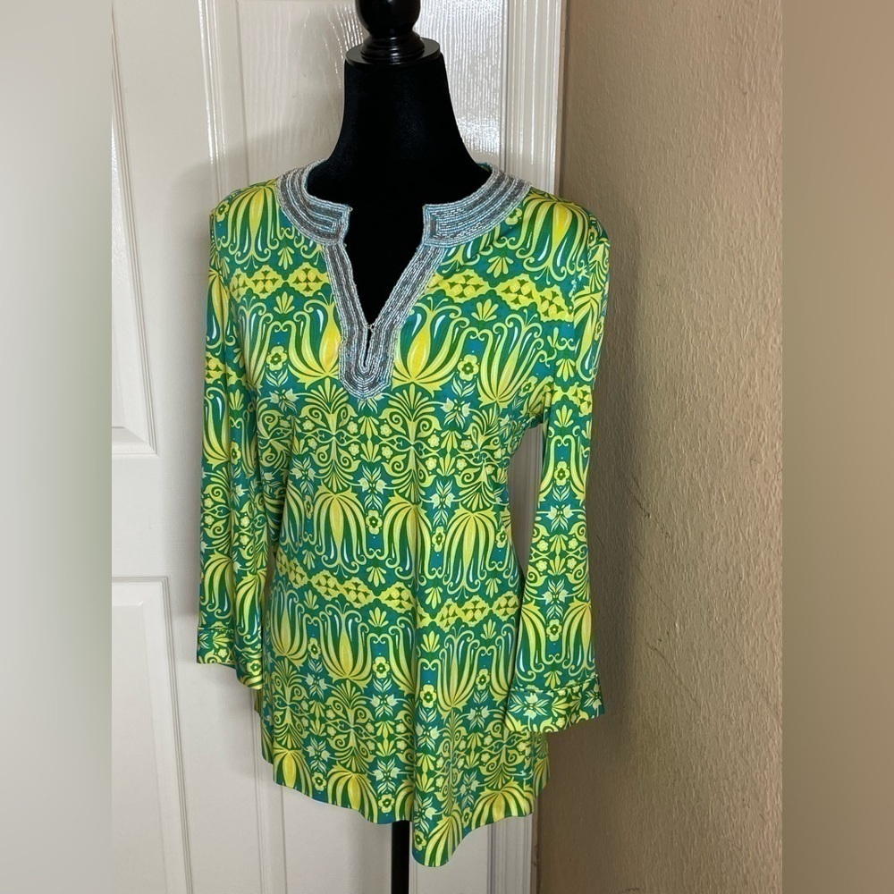 Tory Burch Tunic Womens Med Silk green Button Long Sleeve V Neck Stretch… - Picture 3 of 9